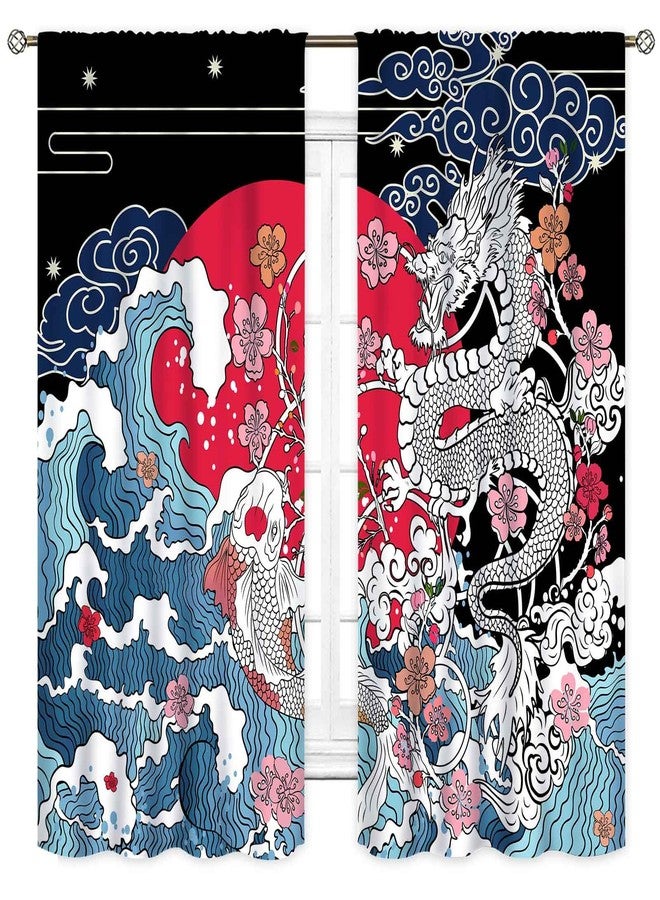 TKUYO Japanese Curtains, Asian Style Japanese Wave Chinese Dragon Cherry Blossom Traditional Oriental Aesthetic Anime Window Drapery Treatments for Bedroom Living Room Bathroom, 42"x45" Inch - Image 2